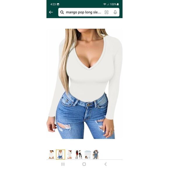 New Small Mangopop White Long Sleeve Deep VNeck Bodysuit Top Shirt One Piece NWT - Picture 2 of 7